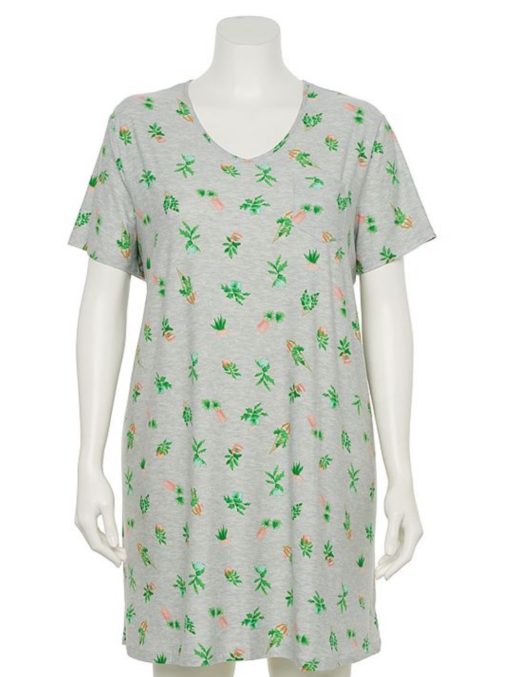 croft & barrow Grey Floral Short Sleeve Nightshirt with Green & Pink Print